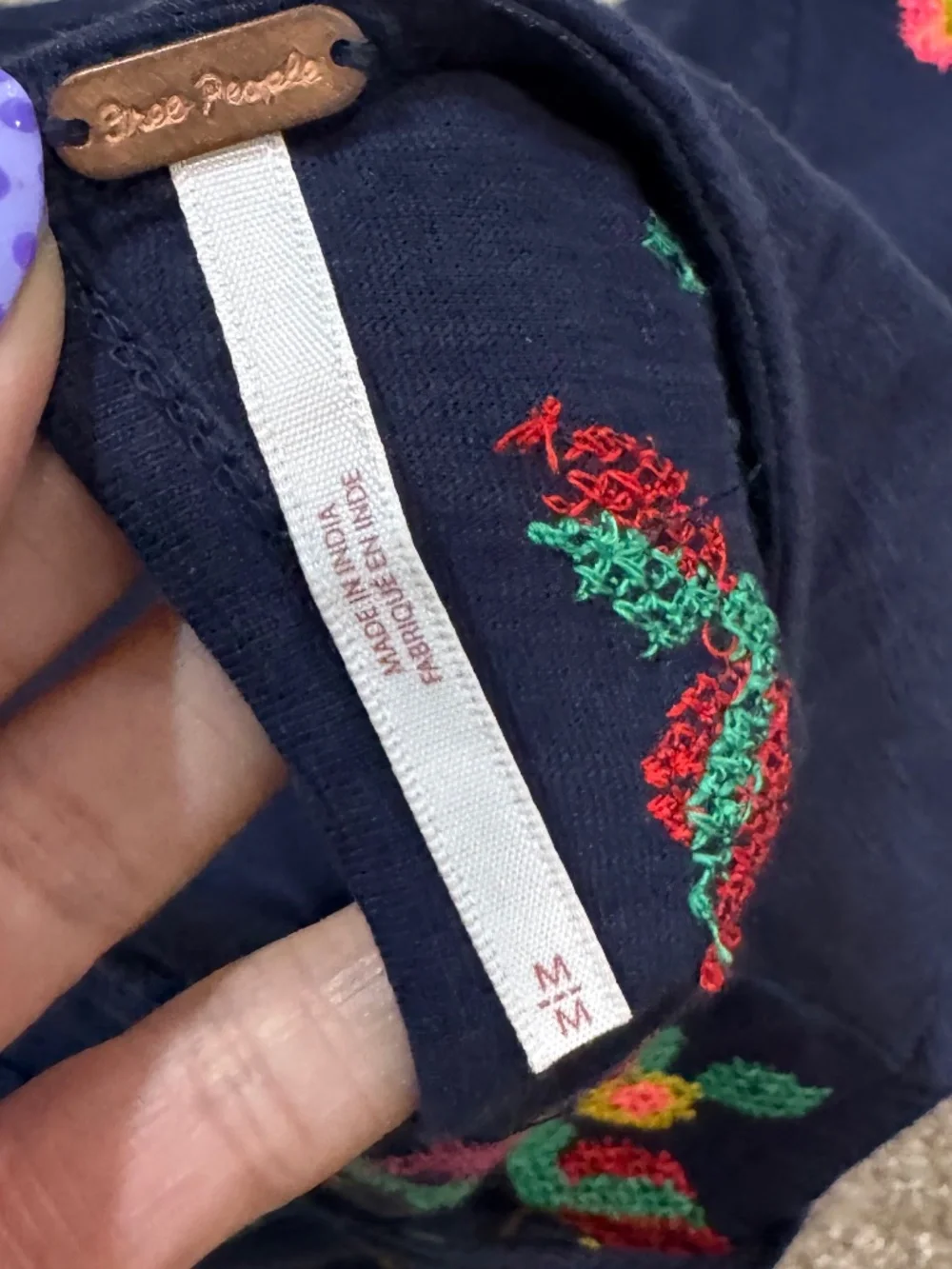 Free People Navy Floral Embroidered Tank Top